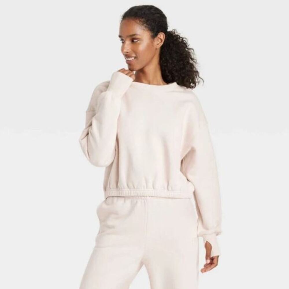 JoyLab Women's Fleece Cropped Crewneck Pullover Sweatshirt Cream Size Large‎